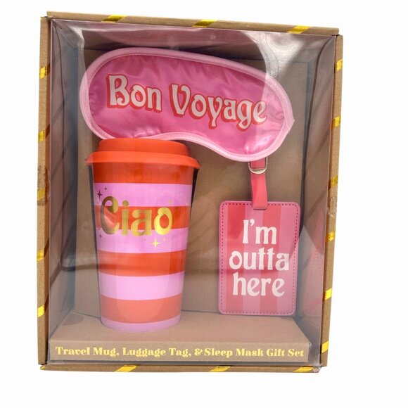 NIB TRAVEL MUG W/ LID LUGGAGE TAG & SLEEP MASK PINK & ORANGE GIFT SET BON VOYAGE - Picture 2 of 4